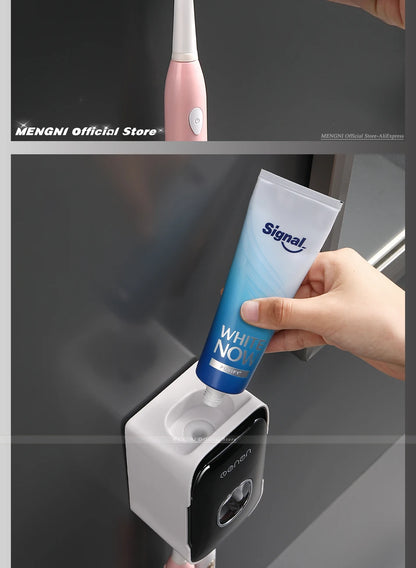 Dispensador de pasta de dientes MENGNI – Exprimidor de pasta dental montado en la pared para baño, soporte para cepillo de dientes sin taladros, organizador manual de bomba de pasta de dientes para almacenamiento y uso diario en el baño