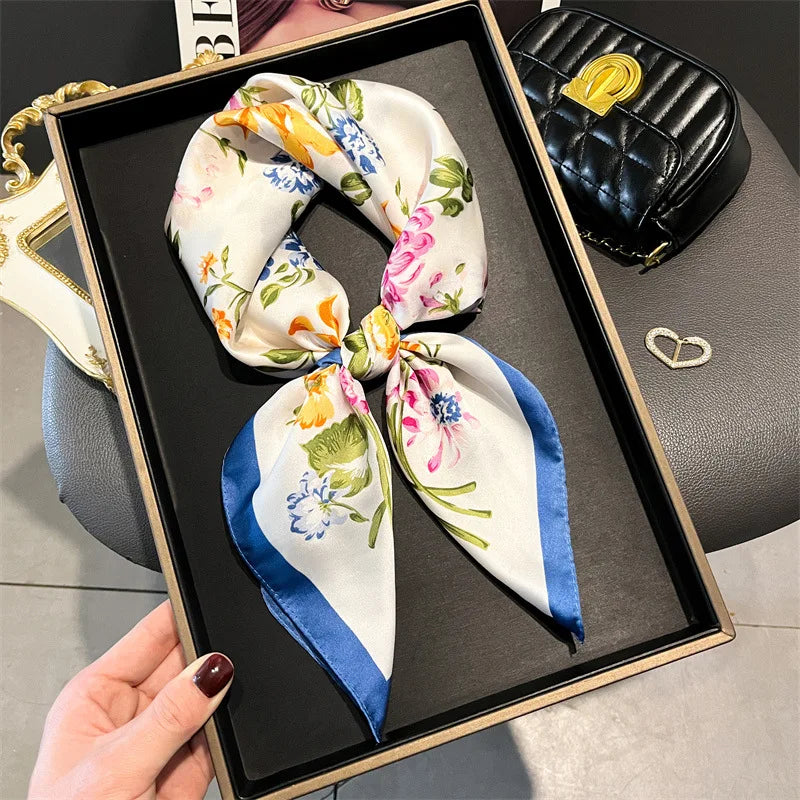 2024 Lujosa Bufanda Cuadrada de Seda de 70cm para Mujer con Estampado Floral, Pañuelo de Diseñador, Fular, Chal, Hiyab, Diadema, Lazos