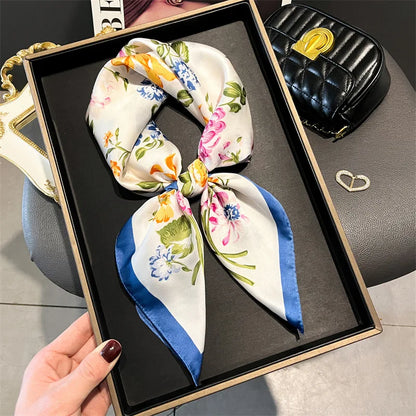 2024 Lujosa Bufanda Cuadrada de Seda de 70cm para Mujer con Estampado Floral, Pañuelo de Diseñador, Fular, Chal, Hiyab, Diadema, Lazos