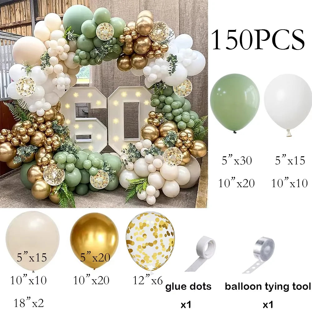 Sage Green Balloon Arch Garland Kit – Green, White, Sand & Gold Confetti Latex Balloons for Birthday, Wedding & Graduation Decorations