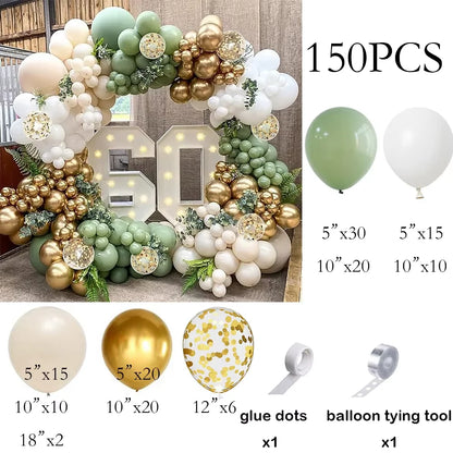 Sage Green Balloon Arch Garland Kit – Green, White, Sand & Gold Confetti Latex Balloons for Birthday, Wedding & Graduation Decorations