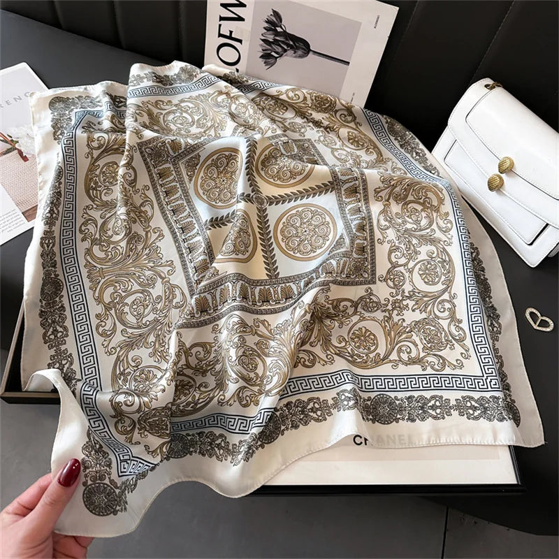70x70CM Foulard en soie imprimé pour femme – Châle Pashmina carré tendance, tour de cou de luxe, bandeau et bandana décoratif