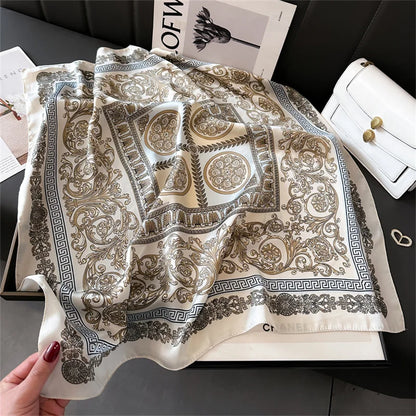 70x70CM Foulard en soie imprimé pour femme – Châle Pashmina carré tendance, tour de cou de luxe, bandeau et bandana décoratif