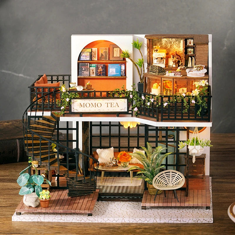 Wooden Dollhouse 3D Puzzle Kit – DIY Miniature Room Model with Furniture & LED Lights Home Decoration
