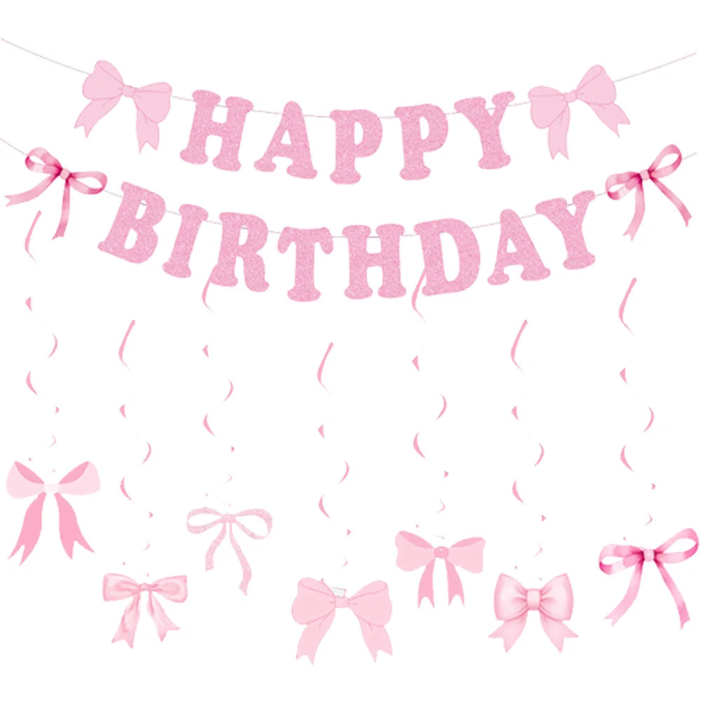 Kit de Fête d'Anniversaire Rose – Thème Princesse Bannière, Ballons Nœud, Pailles, Assiettes en Papier Jetables, Serviettes et Gobelets Vaisselle Décorations pour Fêtes d'Anniversaire de Filles