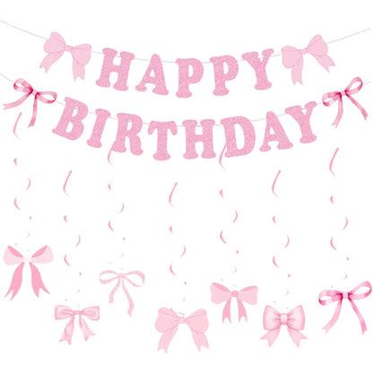 Kit de Fête d'Anniversaire Rose – Thème Princesse Bannière, Ballons Nœud, Pailles, Assiettes en Papier Jetables, Serviettes et Gobelets Vaisselle Décorations pour Fêtes d'Anniversaire de Filles