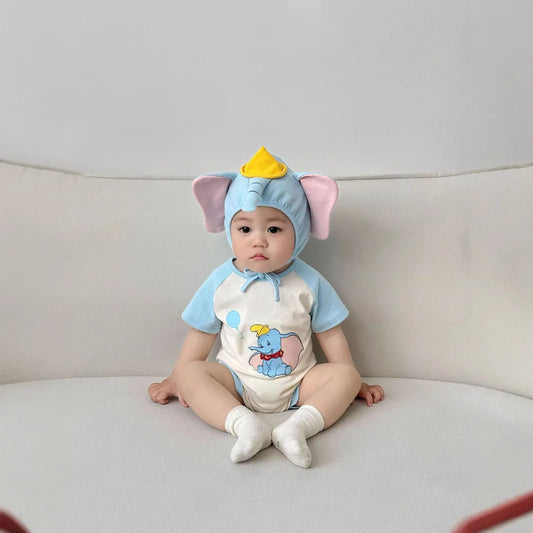 Conjunto de pelele de bebé con estampado de elefante en 3D y gorro, manga corta, para recién nacido, atuendo de verano