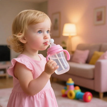 300ML Baby Straw Water Bottle with Handle Portable Toddler Training Cup for Kids