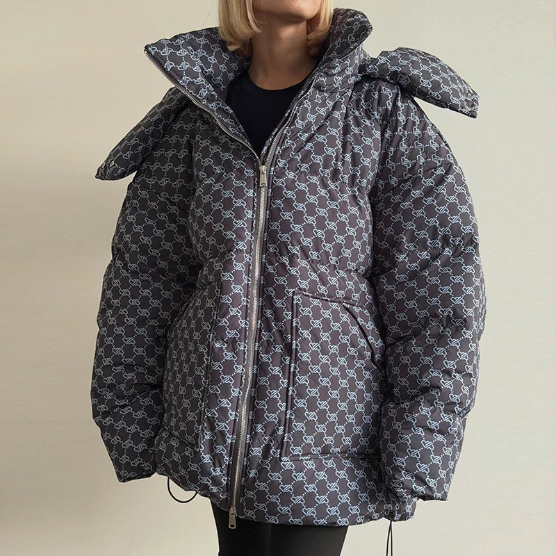 Women’s Winter Printed Coat & Pants 2-Piece Set – Warm Stand Neck Hooded Cotton Jacket with High-Waisted Pants, Chic Casual Outfit