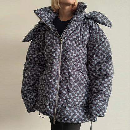 Women’s Winter Printed Coat & Pants 2-Piece Set – Warm Stand Neck Hooded Cotton Jacket with High-Waisted Pants, Chic Casual Outfit