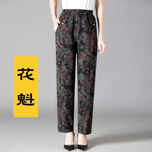 8XL Plus Size Women's Winter Pants – Printed Elastic High-Waist Velvet Trousers, Warm Straight-Leg Casual Oversized Fit
