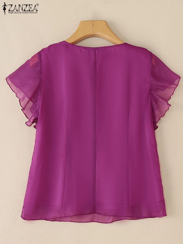 ZANZEA Women's Chiffon Blouse – Elegant Sheer Ruffle V-Neck Short Sleeve Solid Color Top for Summer
