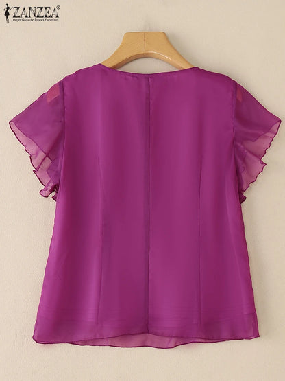 ZANZEA Women's Chiffon Blouse – Elegant Sheer Ruffle V-Neck Short Sleeve Solid Color Top for Summer