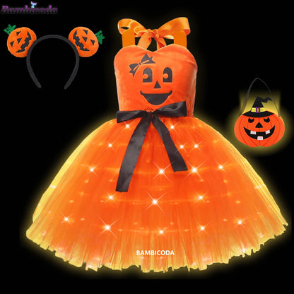 Girls LED Light-Up Witch Costume Dress – Halloween Vampire Cosplay Outfit for Carnival, Masquerade, Performance & Pumpkin Parties