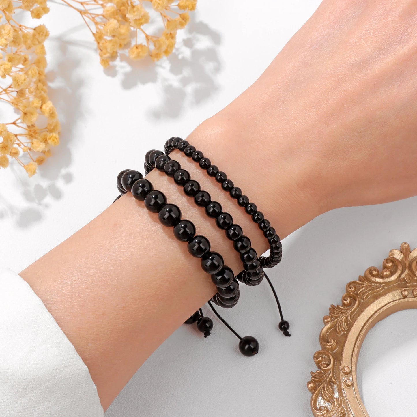 Bracelet perles de tourmaline noire naturelle – Bracelet ajustable tressé en corde avec carte cadeau pour hommes et femmes