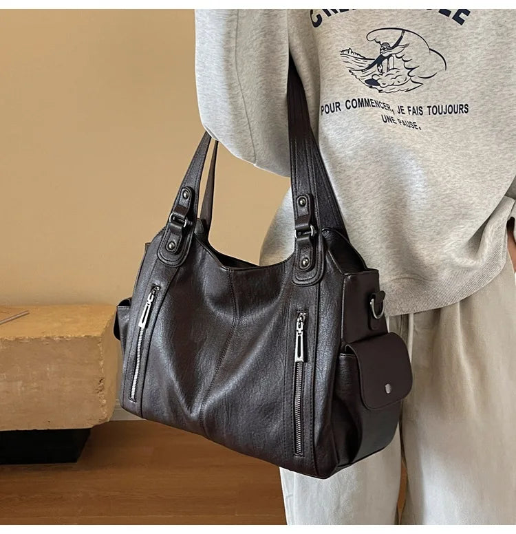 Women’s PU Leather Shoulder Bag – 2026 Fashion Handbag with Soft Interior Compartment, Contrast Color Design, Zipper Closure, Stylish Everyday Purse for Work, Travel & Casual Use