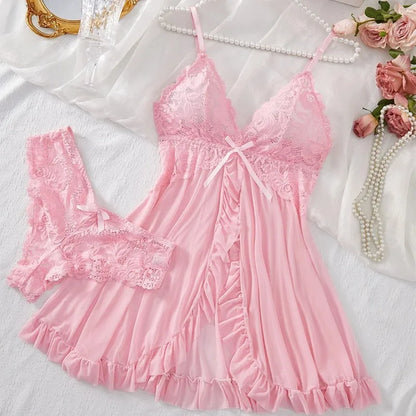 Chemise de nuit à col en V en dentelle pour femme – Robe de nuit en satin doux, vêtement de nuit et de détente confortable pleine longueur