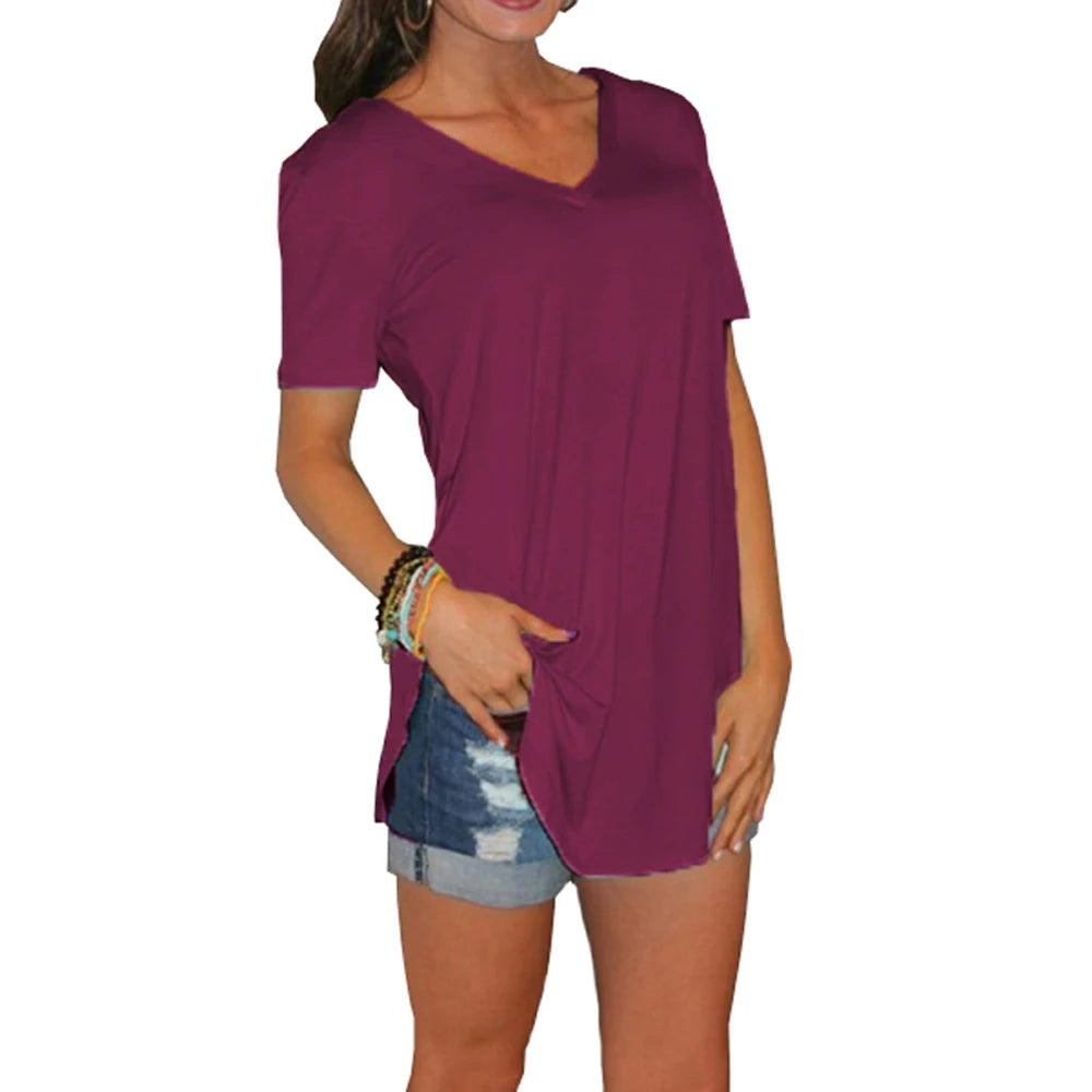 Women's Summer V-Neck Blouse – Solid Color Short-Sleeve Loose T-Shirt with Curved Hem, Casual Lightweight Top for Everyday Wear