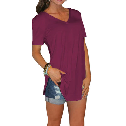 Women's Summer V-Neck Blouse – Solid Color Short-Sleeve Loose T-Shirt with Curved Hem, Casual Lightweight Top for Everyday Wear