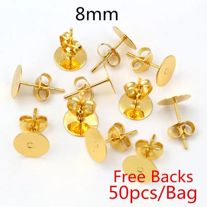 Clous de boucles d'oreilles en acier inoxydable doré, 50 à 100 pièces, avec attaches – Tiges de base vierges pour la fabrication de bijoux et boucles d'oreilles DIY
