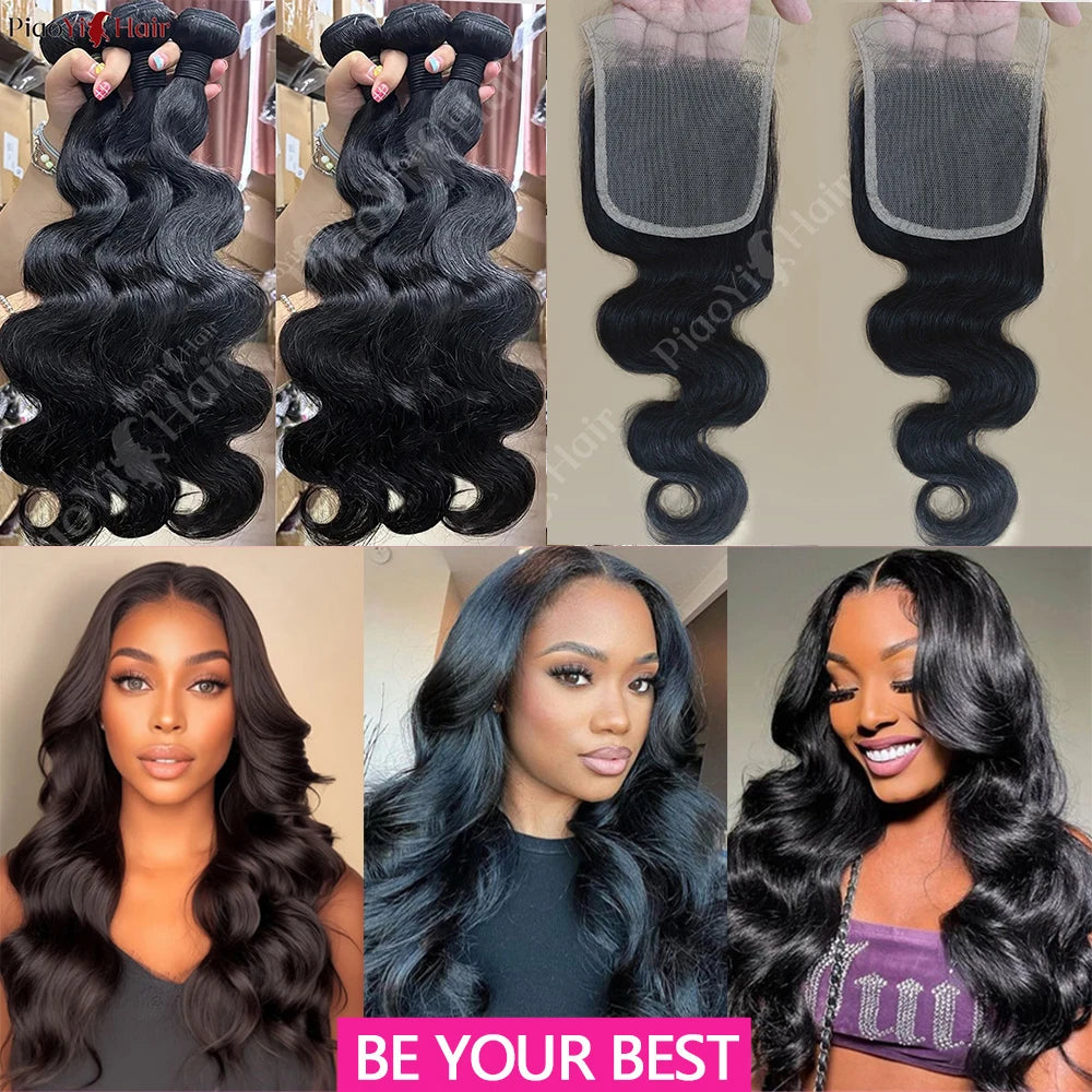 Body Wave Human Hair Bundles with 4x4/5x5 Lace Closure – 100% Raw Human Hair Weave Extensions | 2x6 Middle Part Lace Wig Set