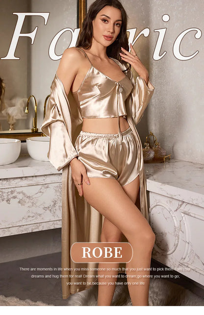 Women’s 3PCS Satin Pajama Set – Sexy Nightgown, Sling Dress & Robe Elegant Sleepwear Loungewear
