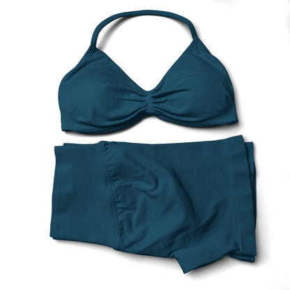 Seamless 2-Piece Yoga Sports Set – Strappy Halter Crop Top with Removable Pads & Quick-Dry Backless Shorts for Gym and Fitness
