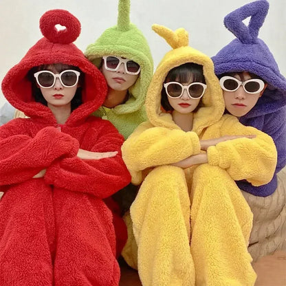 Teletubbies Inspired Adult Cosplay Pajamas – Tinky Winky / Laa-Laa / Po Soft Long Sleeve Onesie Costume (4 Colors)
