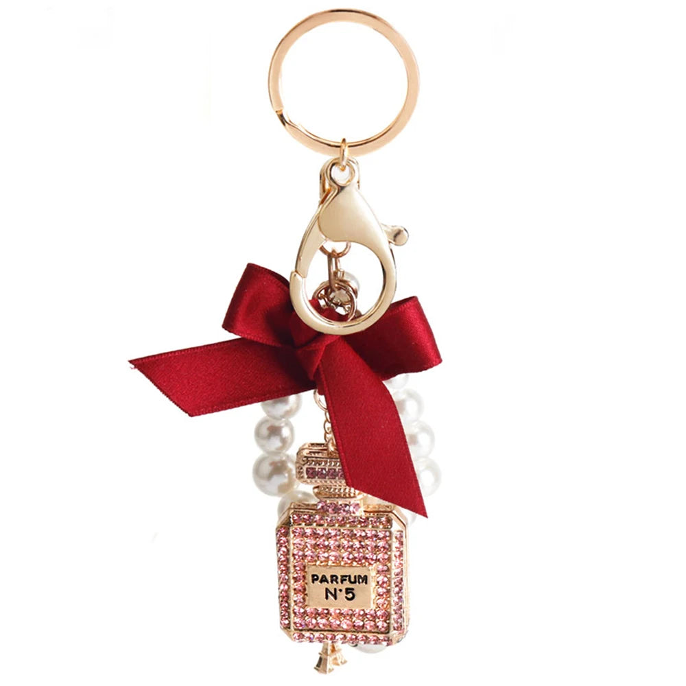 Imitation Pearl Perfume Bottle Keychain – Cute Bow Car Key Ring & Fashion Bag Charm Accessory for Women and Girls