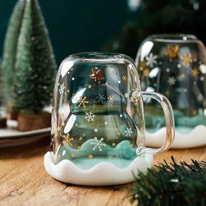 Christmas Tree Glass Cup – Transparent Double-Wall Heat-Resistant Couples Mug with Snowflake Design, Creative Coffee & Drinking Cup Gift