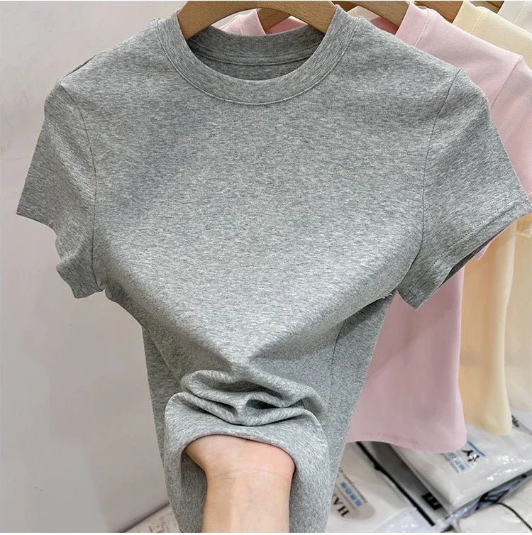 Zjaiss 2026 T-shirt col rond mode été sexy basique uni à manches courtes pour femme style coréen décontracté streetwear