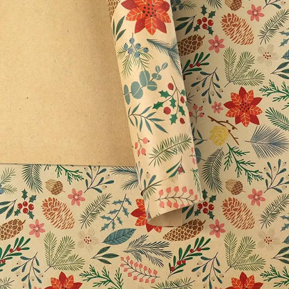 1 Roll 10M Christmas Kraft Gift Wrapping Paper – Large Size Plant Leaf & Flower Design for DIY Gift Packaging, Holiday Decor & Crafts