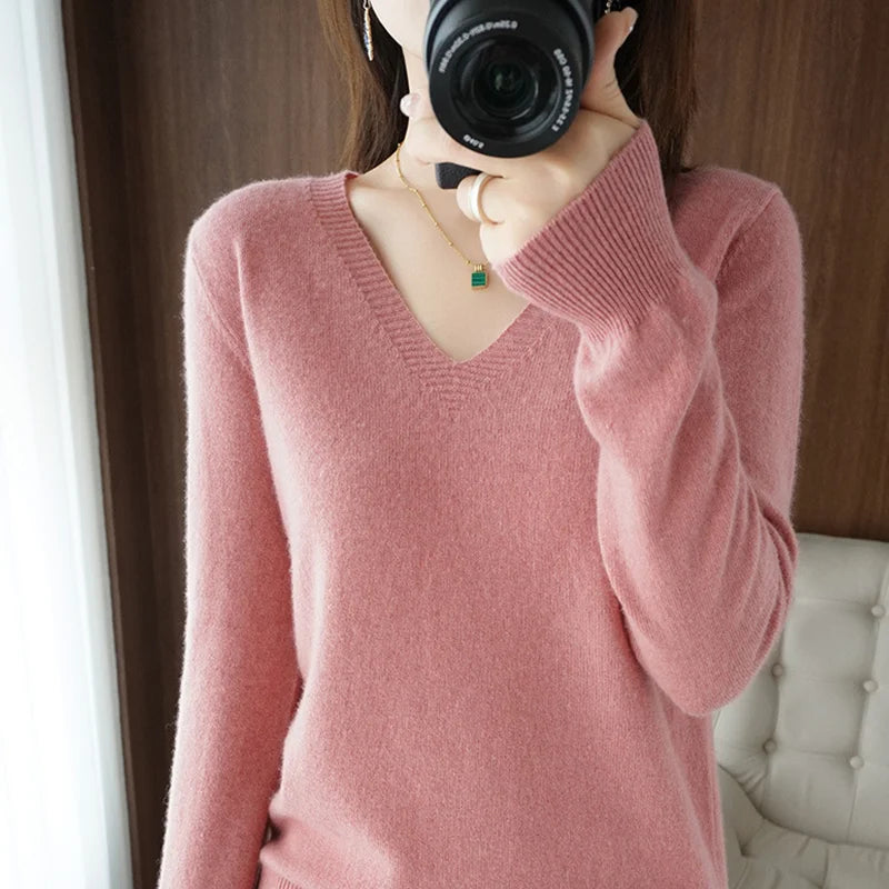 Women's Cashmere-Style V-Neck Sweater – Long-Sleeve Knitted Pullover with Lace Neck & Hollow-Out Detail, Casual Autumn & Winter Top