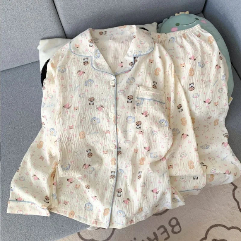 Pijama de 2 piezas a cuadros con bordado de perro para mujer - Estilo coreano, suave, de manga larga, ropa de dormir y de estar para otoño
