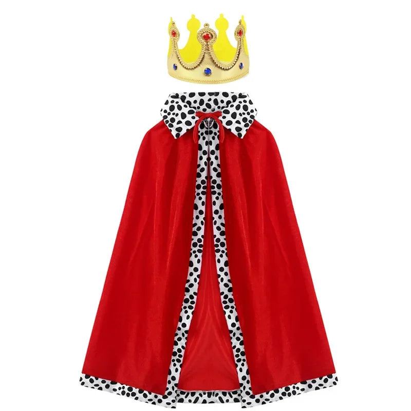 King Prince Costume Cloak with Crown – Red, Blue & Purple Velvet Cape Robe for Adults & Kids, Cosplay, Birthday Party & Dress-Up Accessory