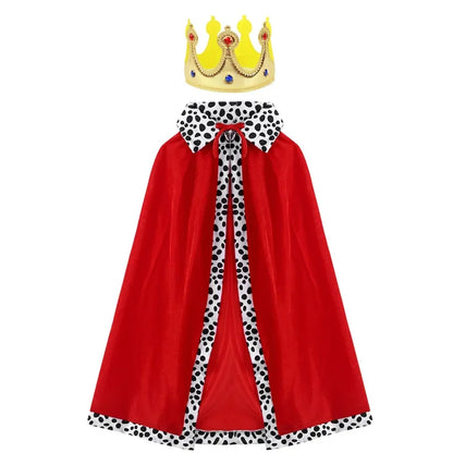 King Prince Costume Cloak with Crown – Red, Blue & Purple Velvet Cape Robe for Adults & Kids, Cosplay, Birthday Party & Dress-Up Accessory