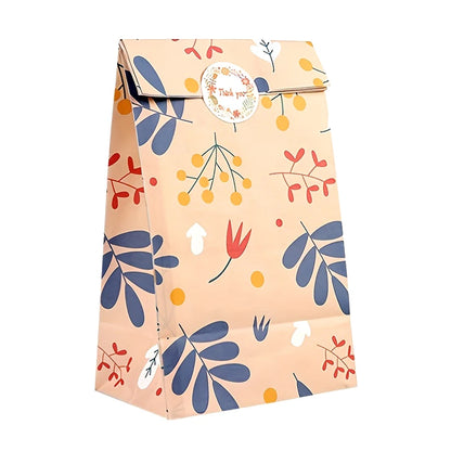 12/24PCS Plant Pattern Kraft Paper Gift Bags with Stickers for Candy, Cookies, Bakery Treats & Gift Packaging