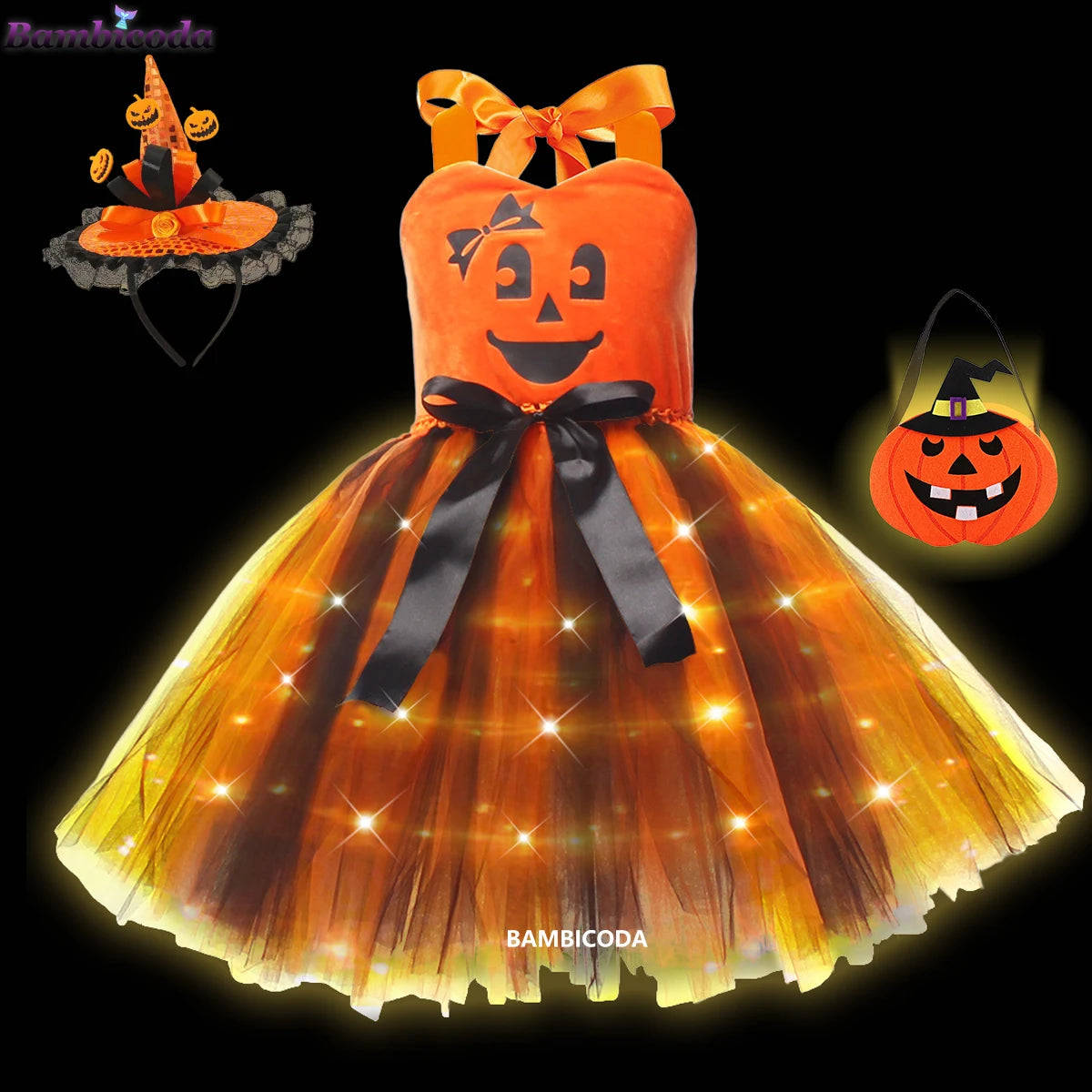 Girls LED Light-Up Witch Costume Dress – Halloween Vampire Cosplay Outfit for Carnival, Masquerade, Performance & Pumpkin Parties