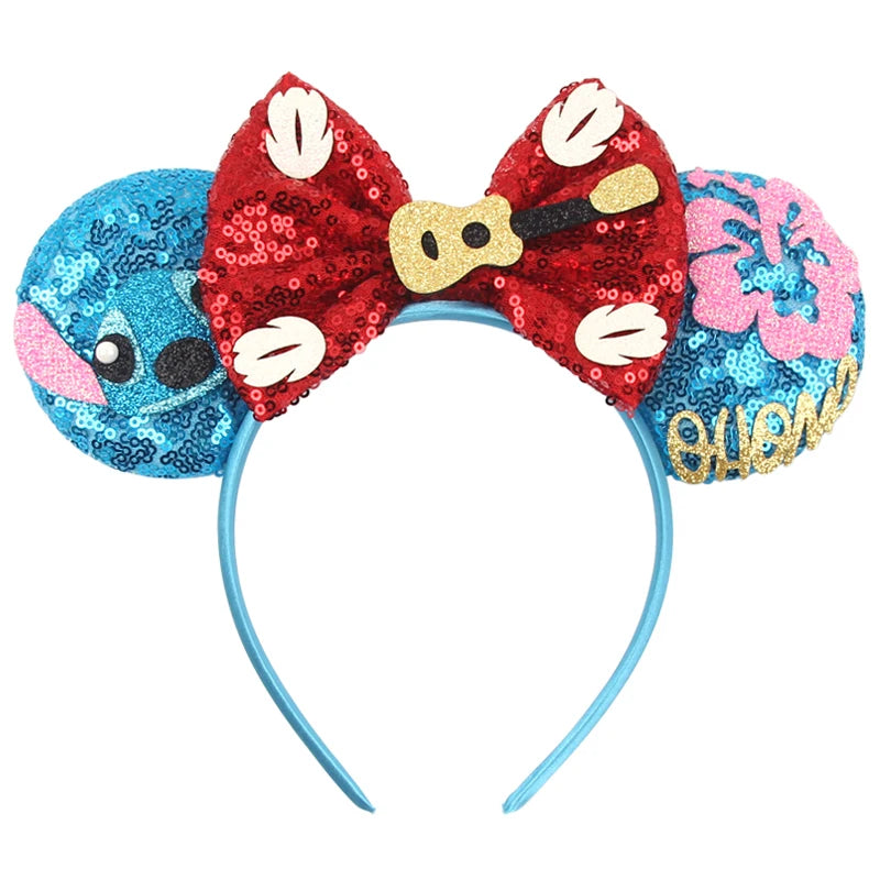 Diadema de orejas de Mickey Mouse de Lilo & Stitch – Lazo de lentejuelas de 5" Accesorio para el cabello de dibujos animados para mujeres y niñas | Diadema para fiestas y festivales