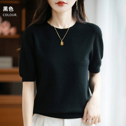 Women's 100% Wool Knitted Sweater – O-Neck Short-Sleeve Pullover, Warm Basic Casual Top for Fall & Winter, Available in 22 Colors
