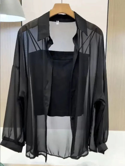 Plus Size Women's Summer Blouse – Lightweight Chiffon Long Sleeve Button-Up Shirt, Loose Breathable Sun-Protection Top