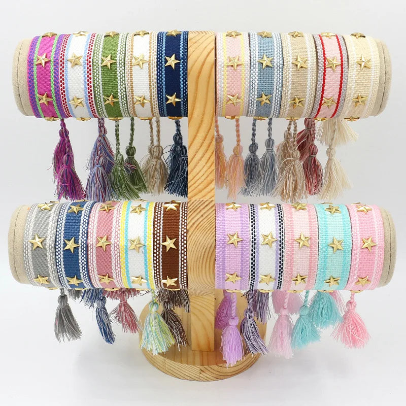 Bohemian Star Tassel Bracelet – Handmade Woven Alloy Gold Rivet Wrist Strap for Women | Ethnic Fashion Jewelry Gift
