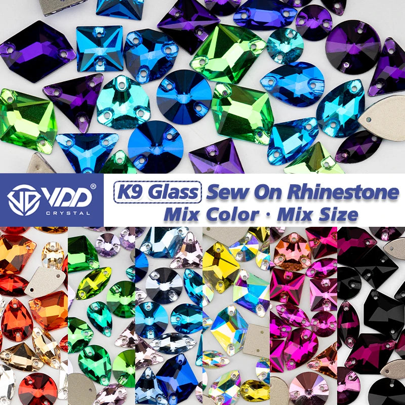 Strass à coudre en cristal K9 AB Mix – Pierres plates en verre AAAAA pour vêtements, robes de mariée et projets de bricolage