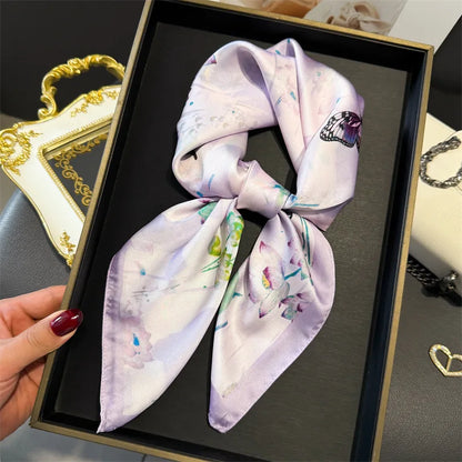2024 Lujosa Bufanda Cuadrada de Seda de 70cm para Mujer con Estampado Floral, Pañuelo de Diseñador, Fular, Chal, Hiyab, Diadema, Lazos