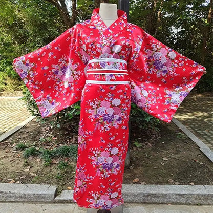 Japanese Kimono Cosplay Costume – Floral Sakura Printed Dress, Traditional Asian Style Kimono Outfit for Women Halloween & Party Wear