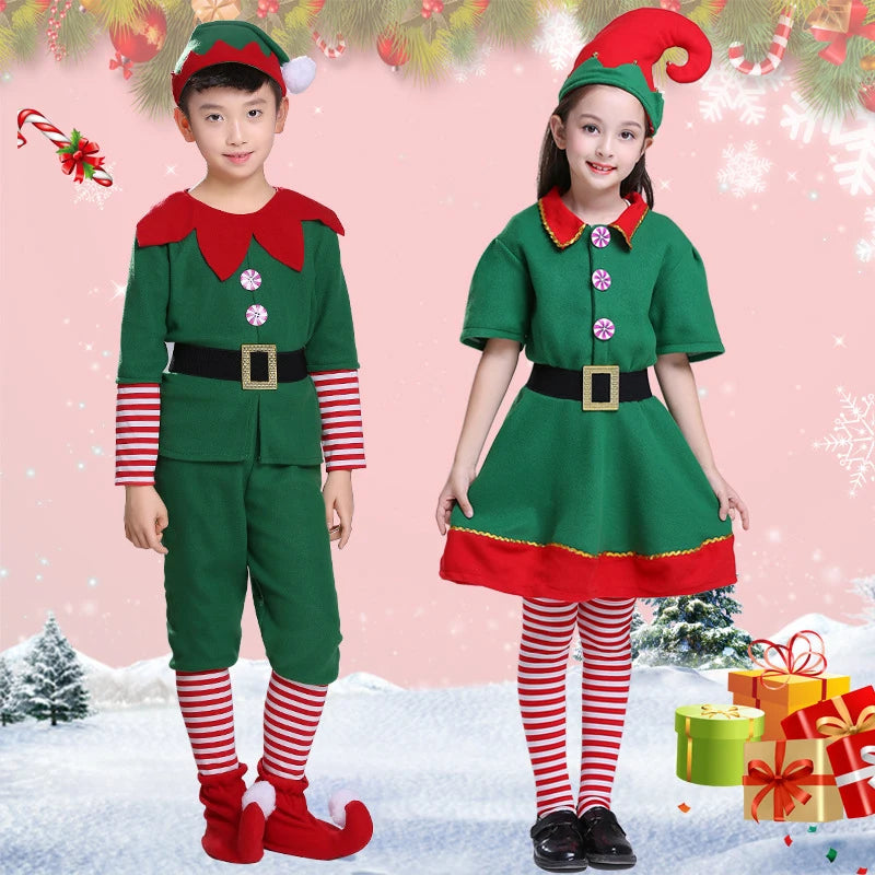 Christmas Santa Claus and Green Elf Costumes for Adults and Kids, Family Matching Cosplay Outfits for Xmas Parties, Carnival, New Year Performances and Holiday Gifts