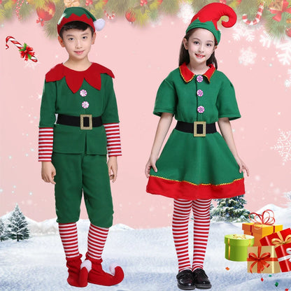 Christmas Santa Claus and Green Elf Costumes for Adults and Kids, Family Matching Cosplay Outfits for Xmas Parties, Carnival, New Year Performances and Holiday Gifts
