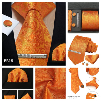 Corbata de seda 100% con diseño floral de Paisley para hombre con pañuelo de bolsillo, pasador de corbata y gemelos en caja de regalo