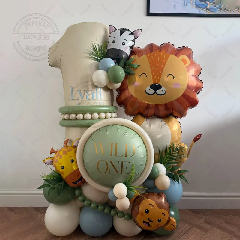 45PCS Jungle Animal Balloon Set – Lion & Giraffe Cream White Number Balloons for Birthday Party Decorations | Safari Theme Celebration Supplies