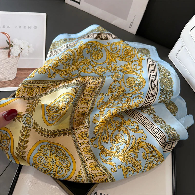70x70CM Foulard en soie imprimé pour femme – Châle Pashmina carré tendance, tour de cou de luxe, bandeau et bandana décoratif